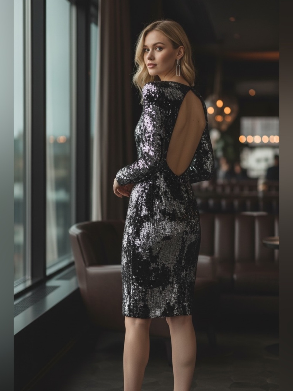 Naeem Khan New Long Sleeve Cut Out Back Bodycon Dress In Silver Size 4